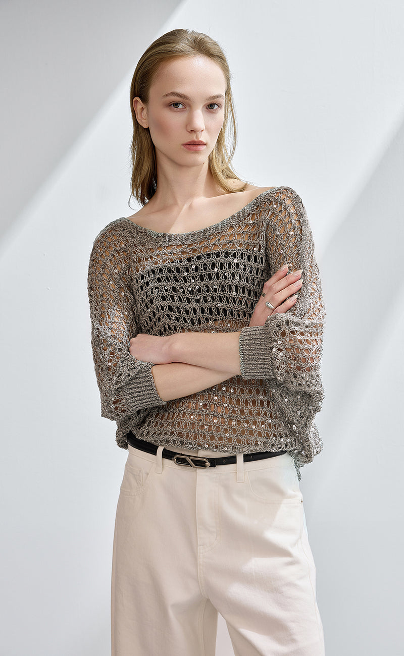 Boat Neck Sequine Pointelle Sweater