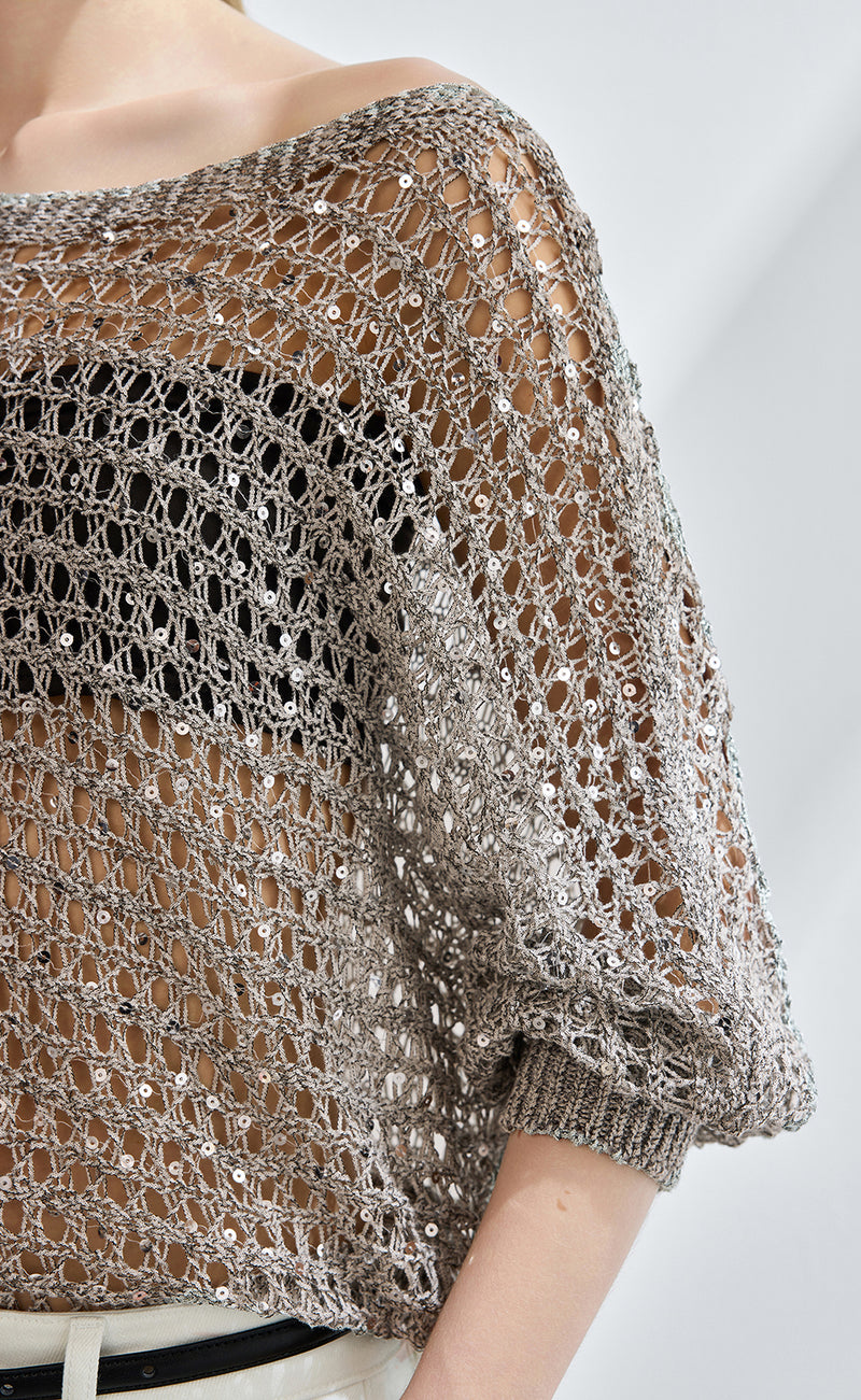 Boat Neck Sequine Pointelle Sweater