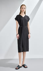 V Neck Belted Silk Dress