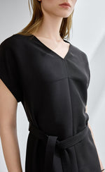 V Neck Belted Silk Dress