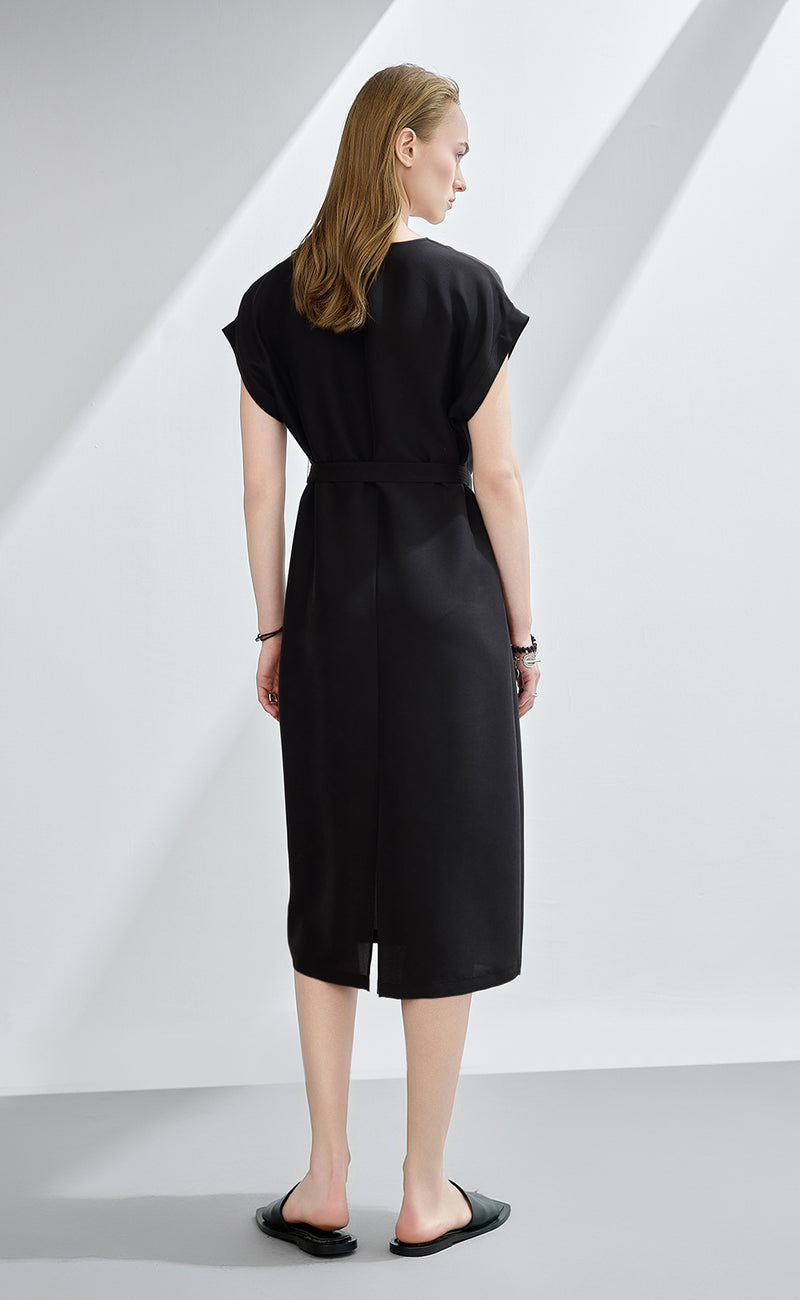 V Neck Belted Silk Dress