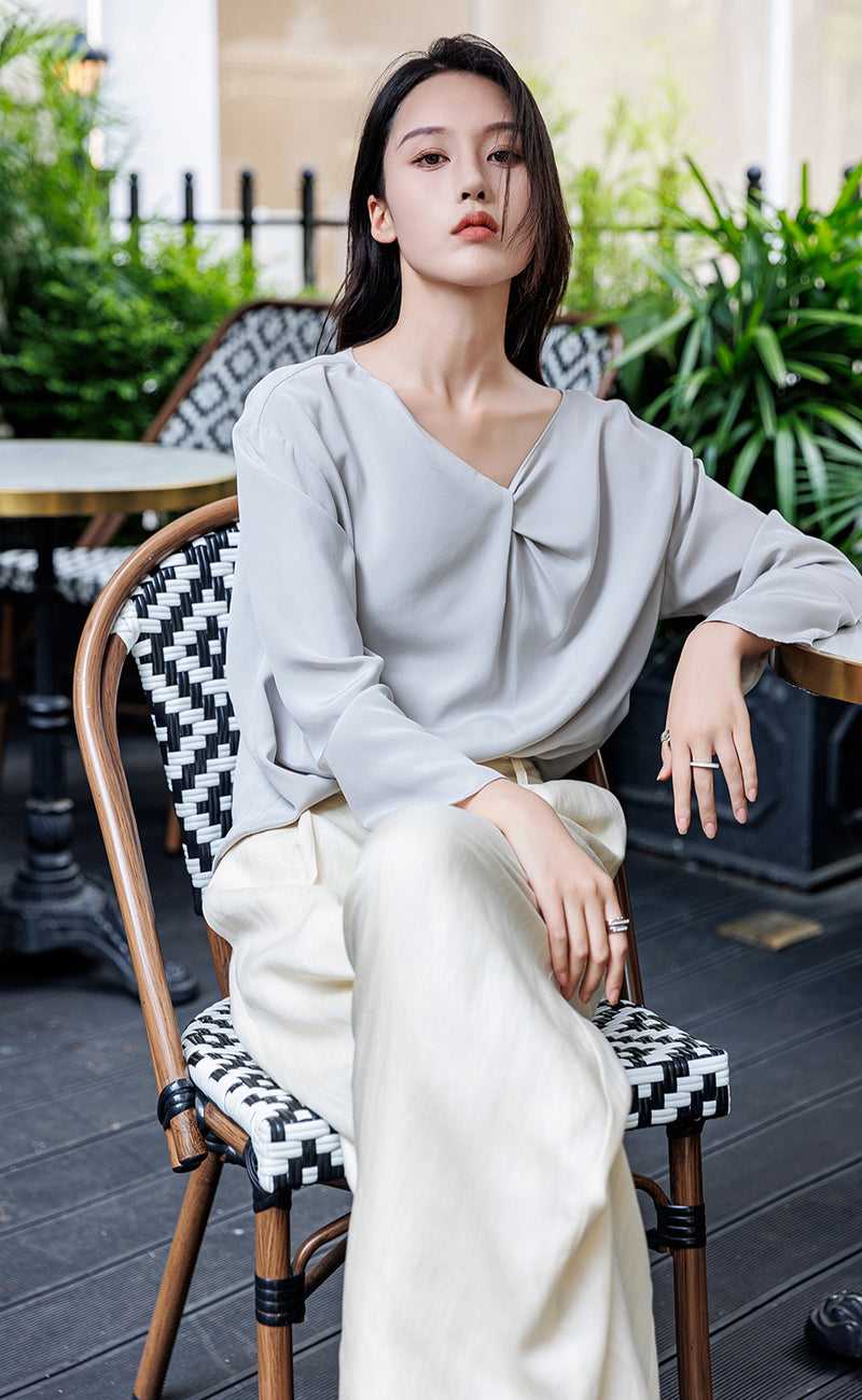 Asymmetical Neck Silk Blouses