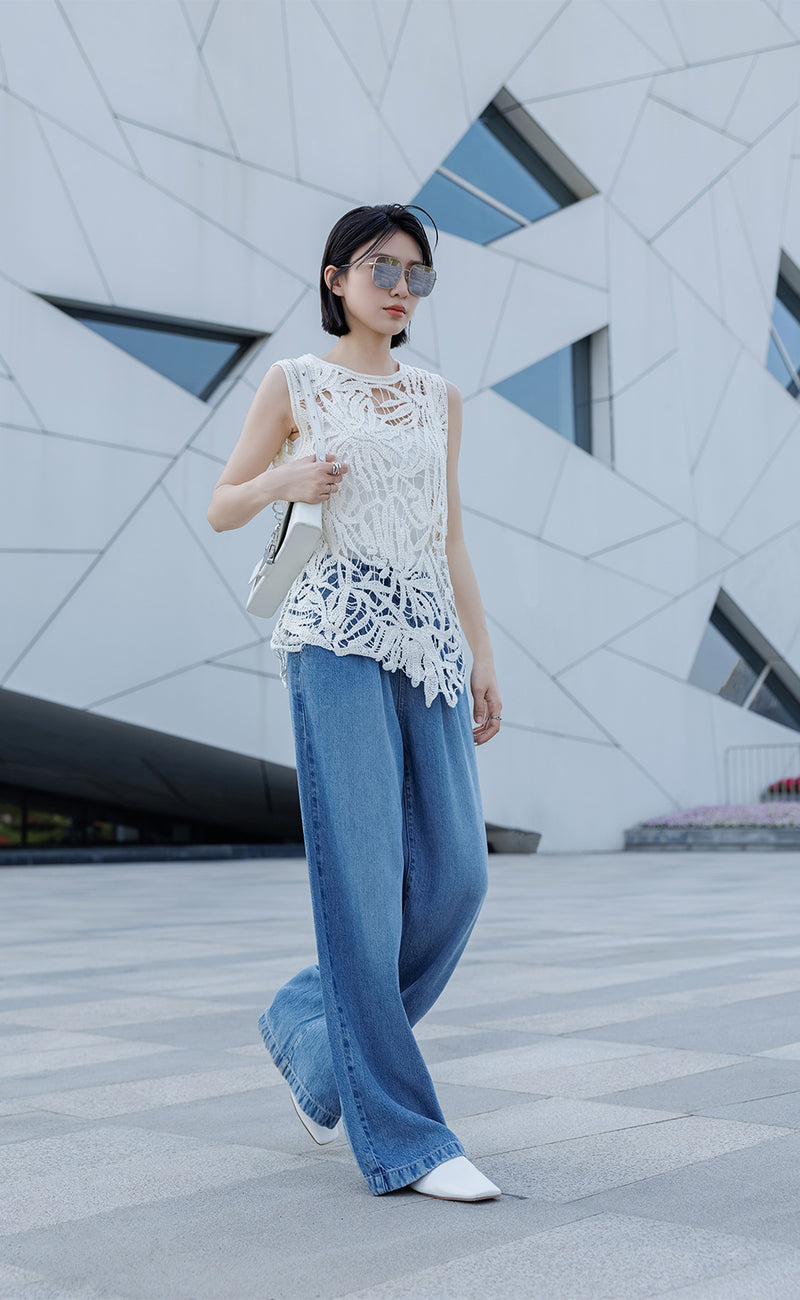 Stone Wash Wide Leg Jeans